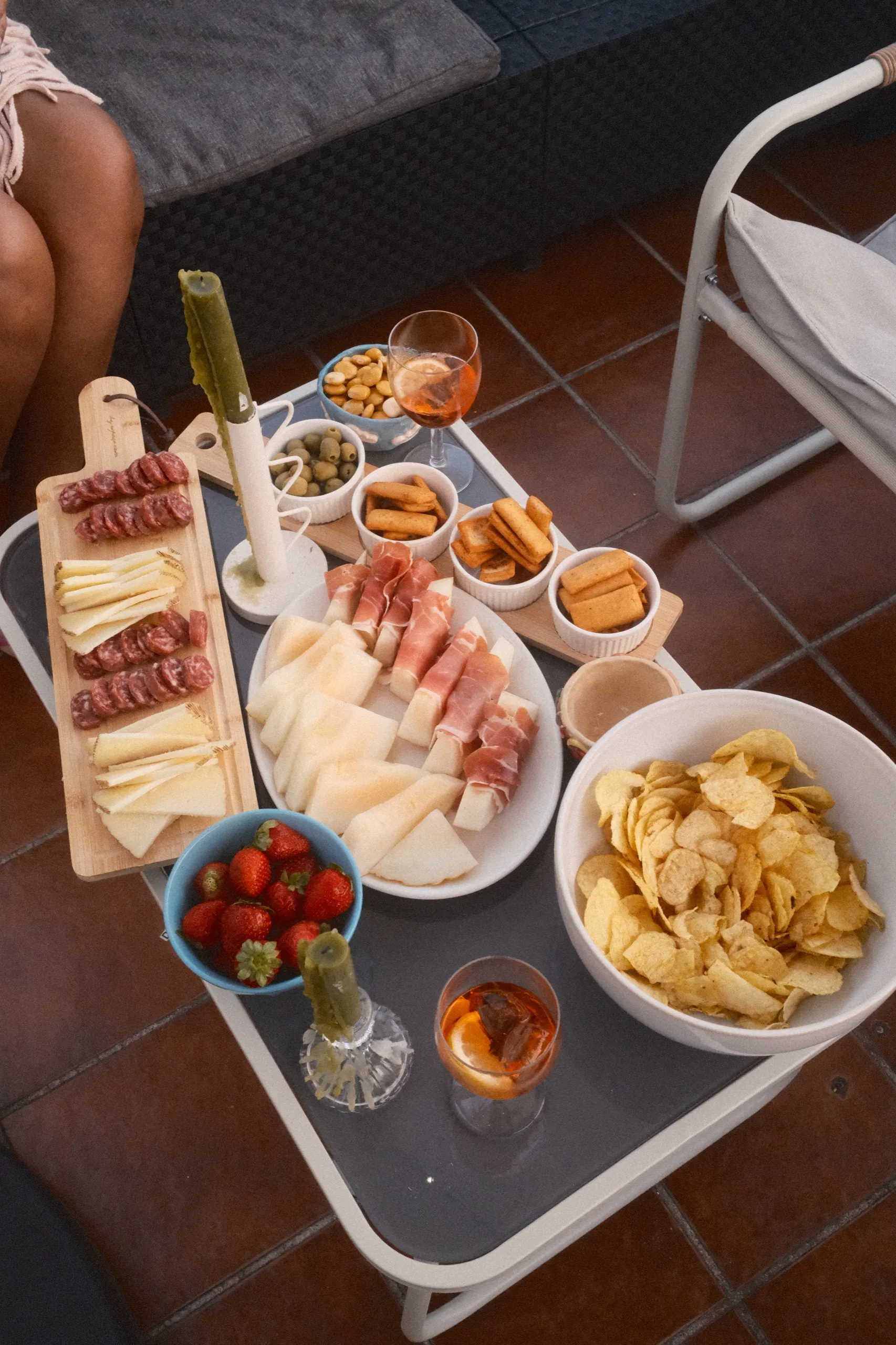 Charcuterie board and drinks on the terrace