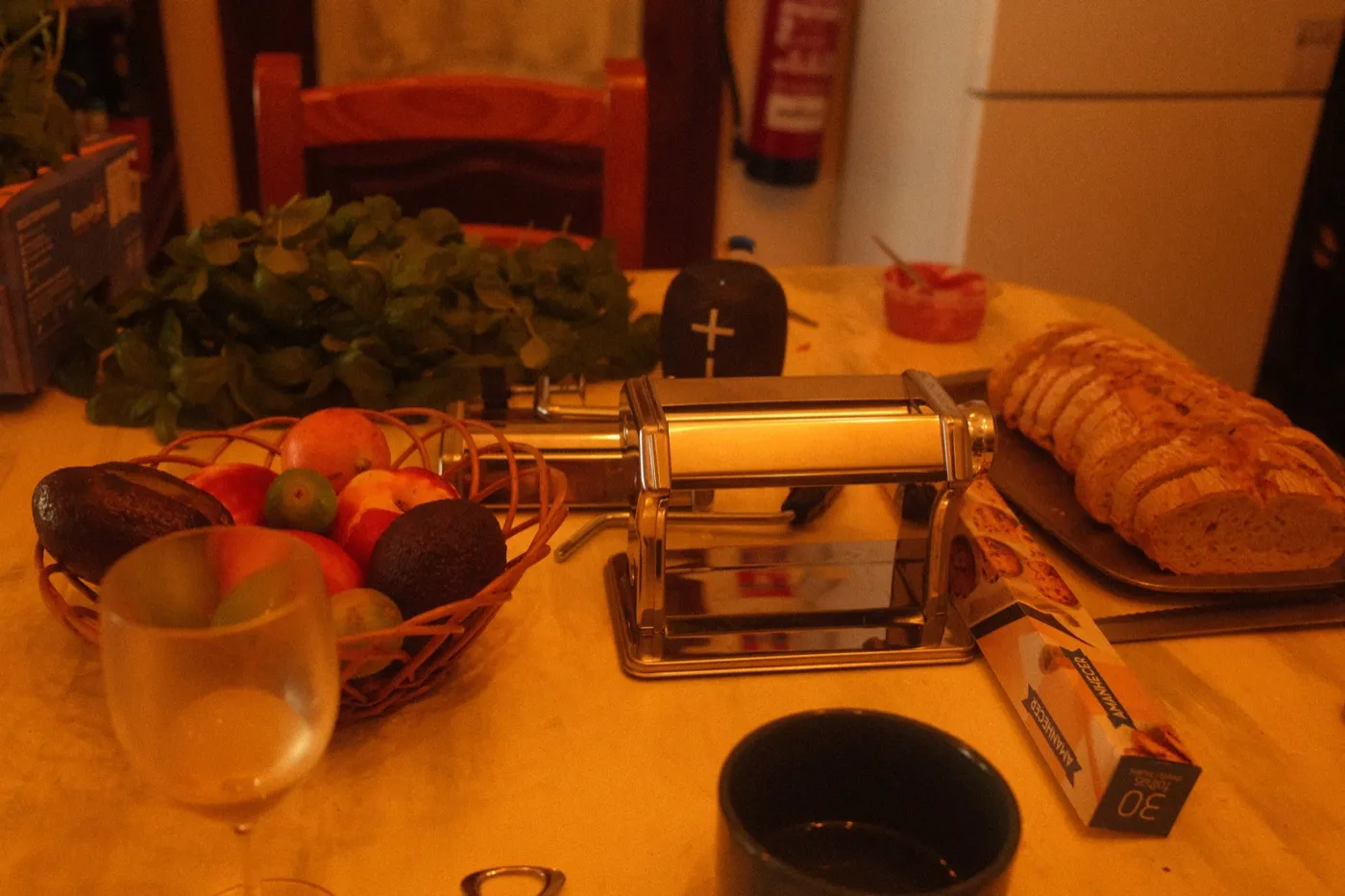 Shared kitchen prepared for cooking at Banana House in Ponta do Sol